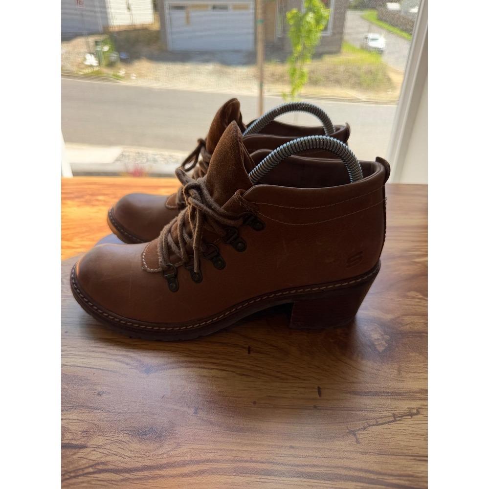 Rare Sketchers Brown Leather Chunky Heel y2k Boots Sz 8.5 - Picture 5 of 11